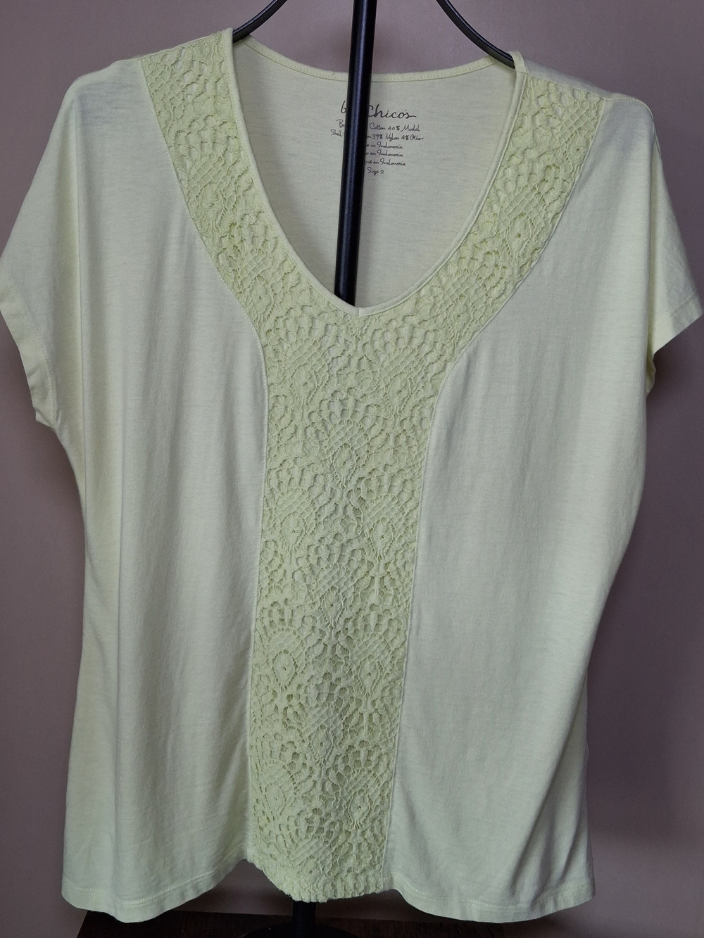 Chico’s Chartreuse Yellow Crochet Lace Trim Top Tee; Size 2